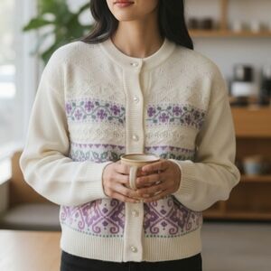 L - Vintage | Floral Knit Cardigan • Purple Sage Green Deco Print Button Front